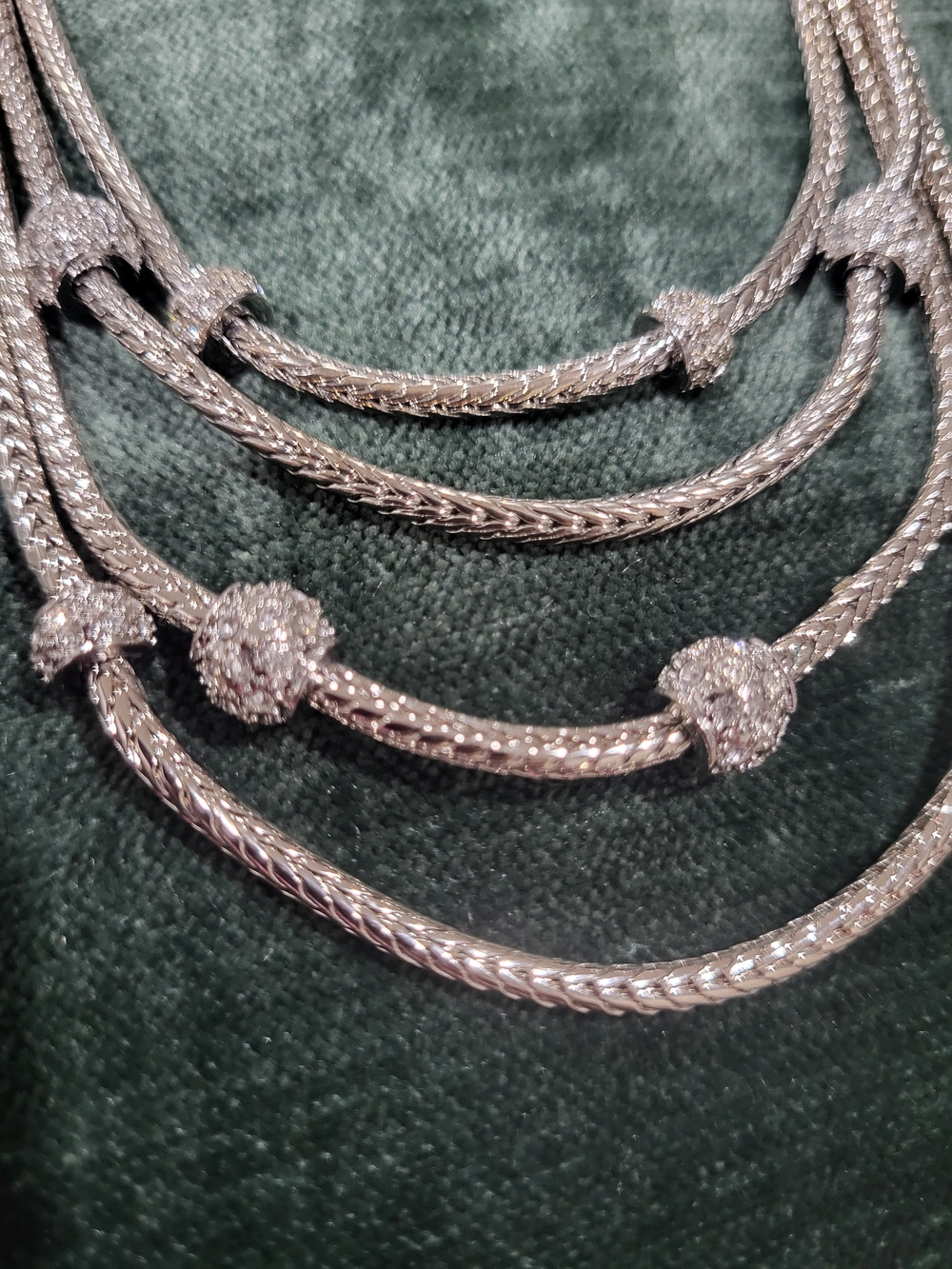 Stainless Silver-Tone Layered Rope Necklace with Pave Bead Accents